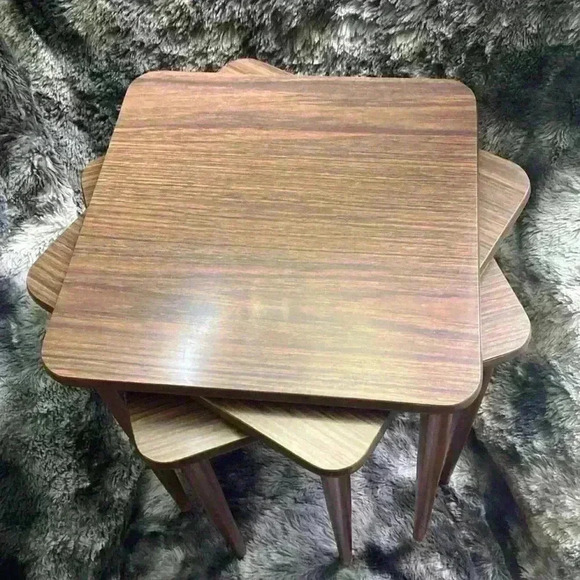 Set of  3 Mid Century Danish Modern Wood Formica Stacking Nesting
Tables - Picture 14 of 16